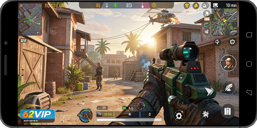 Screenshot gameplay 62VIP yang menunjukkan aksi tembak menembak mendebarkan.