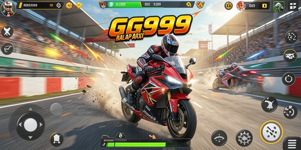Tampilan balapan mendebarkan dalam GG999 dengan motor dan trek beragam.