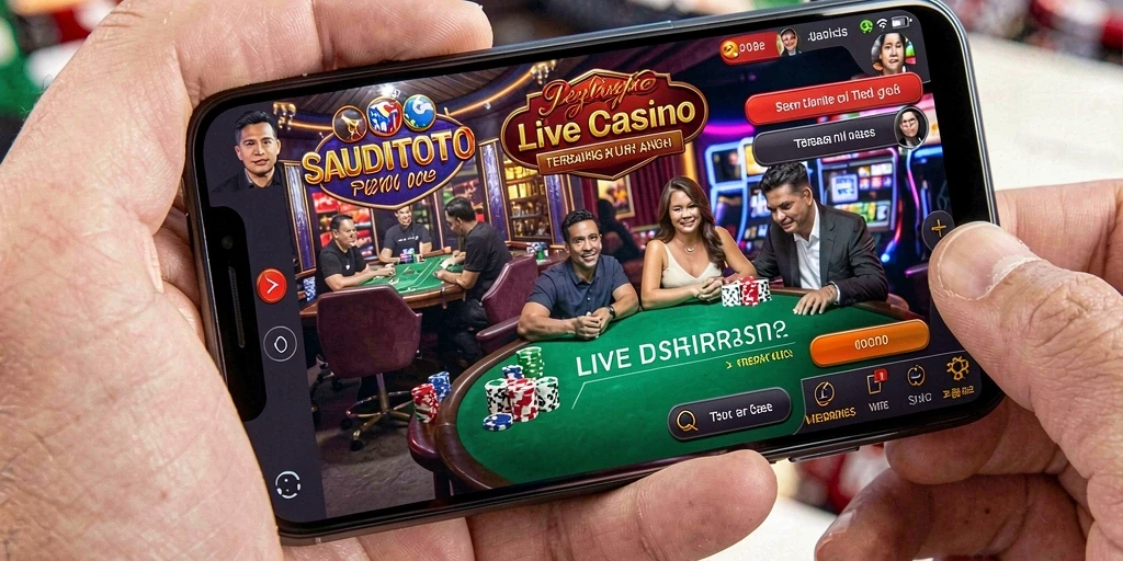 Screenshot SAUDITOTO menampilkan dealer live dan suasana permainan kasino yang nyata.